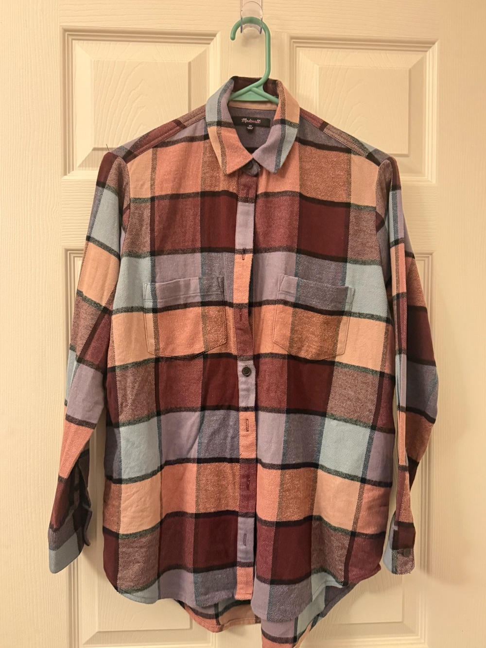 Women’s Plaid Button-Up Shirt in Burgundy, Peach & Light Blue